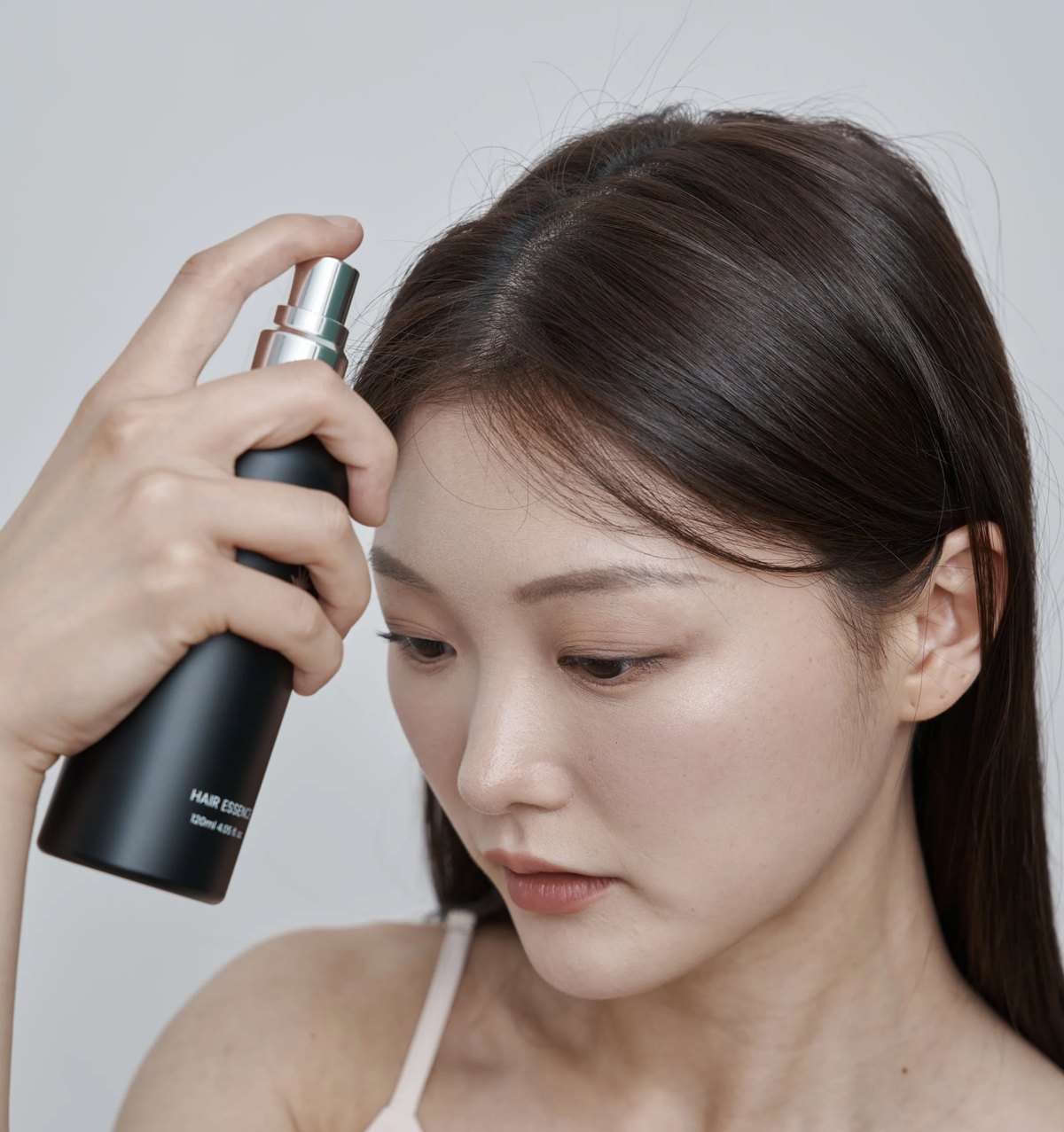 여성두피케어를 위해 거울 앞에서 토닉을 바르는 모습